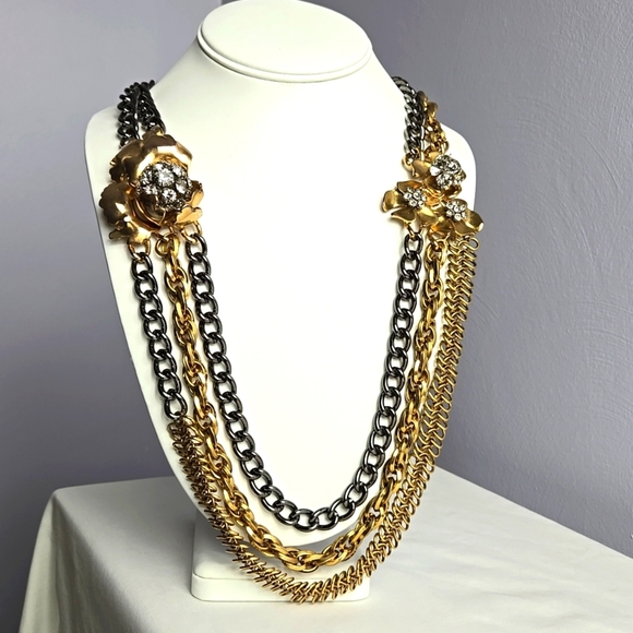 J .Crew Rera Gold and Black Chain Necklace with 3D Floral Accents - Picture 2 of 16